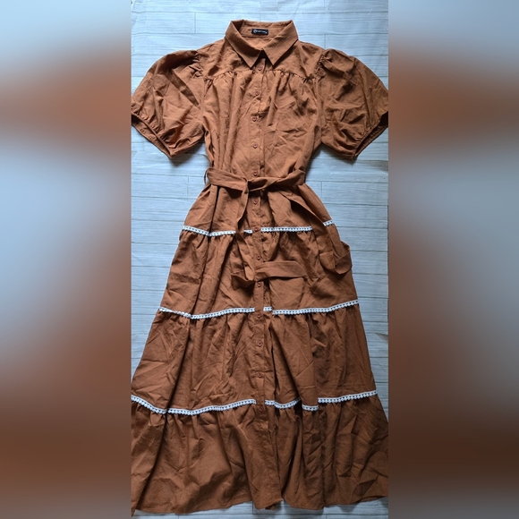 PrettyGarden Button Down Short Puff Sleeve Tiered Ruffle Long Maxi Dress - Picture 3 of 7